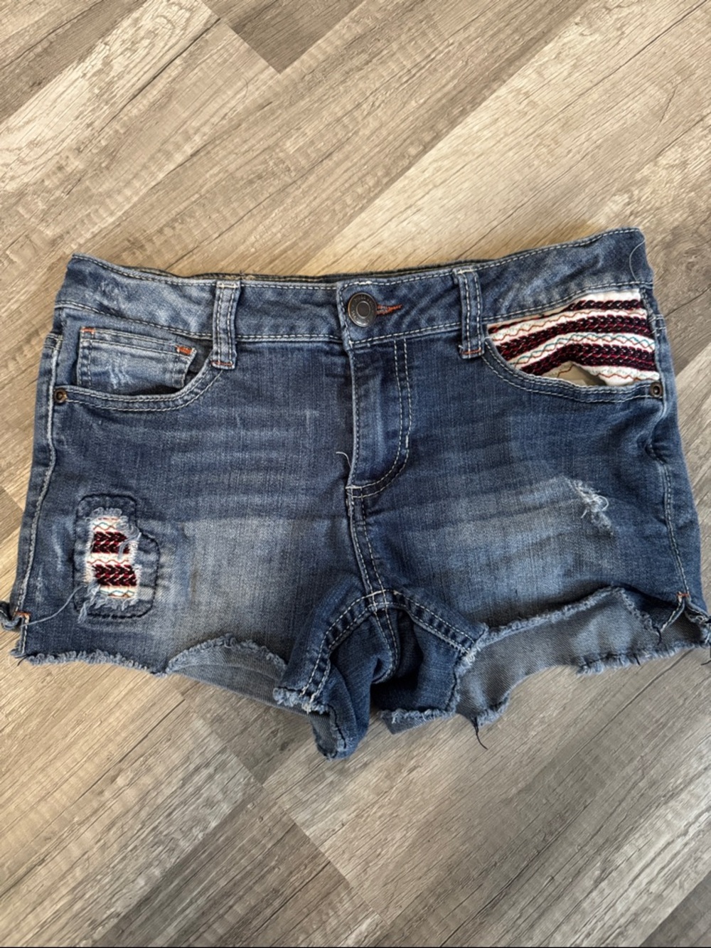 Mudd Blue Denim Shortie Shorts with Red & White Patch Accents